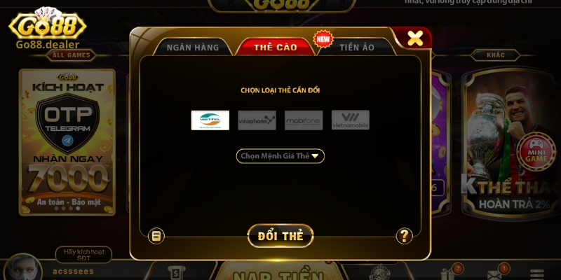 Chia sẻ thủ tục đổi tiền thắng thành thẻ cào điện thoại tại Go88 
